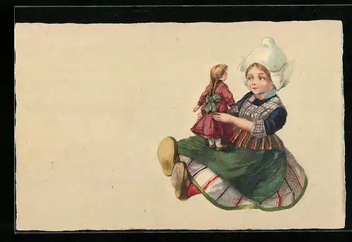 AK Kleines Mädchen in Tracht mit seiner Puppe