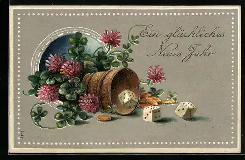 Präge-AK Neujahrsgruss, Blumen und Würfelbecher mit Münzen