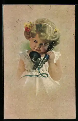 AK Mädchen im weissen Kleid am Telefon