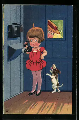 AK Junge Dame mit Hund am Telefon