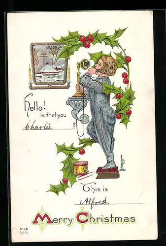 AK Junge am Telefon mit Mistelzweigen