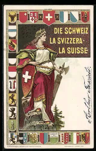 Lithographie Bern, Helvetia mit Axt und Schild, Wappen von Luzern, Zürich und Glarus