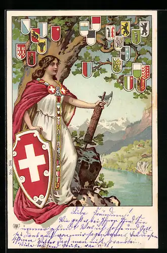 Lithographie Helvetia vor Baum mit Wappen der Kantone, Fasces