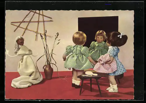 AK Käthe Kruse-Puppen vor dem Spiegel