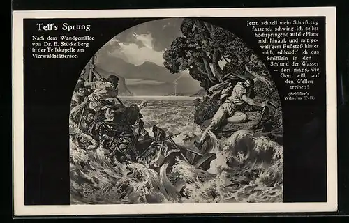 Künstler-AK Tells Sprung nach Wandgemälde von E. Stückelberg, Zitat aus Schillers Wilhelm Tell