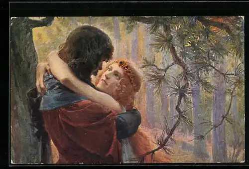 AK Richard Wagner: Tristan und Isolde in inniger Umarmung