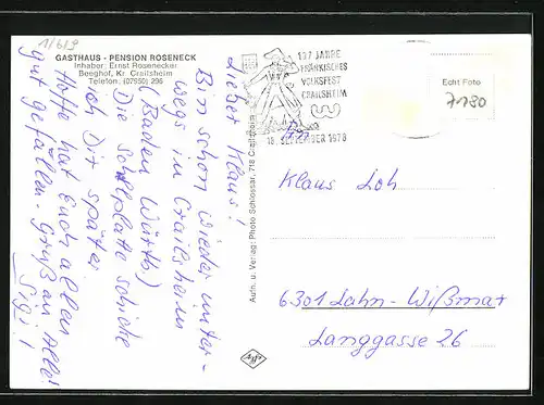 AK Beeghof /Kr. Crailsheim, Gasthaus-Pension Roseneck, Inh. Ernst Rosenecker