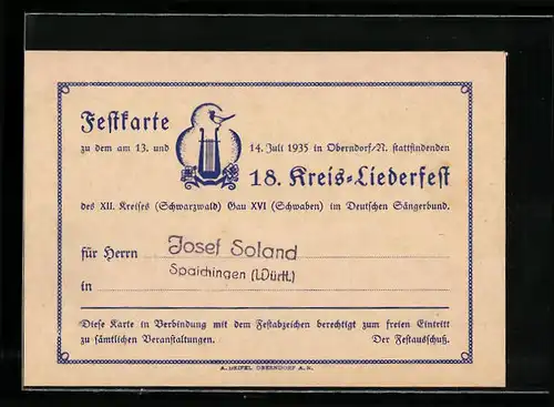 AK Oberndorf /N., Festkarte zum 18. Kreis-Liederfest 1935