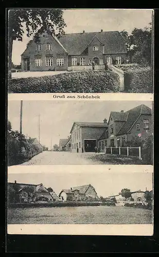AK Schönbek, Strassenpartie, Gehöft, Teilansicht vom Ort