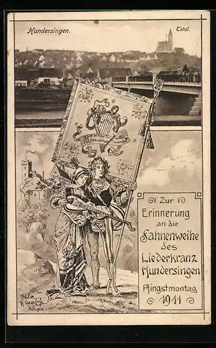 AK Hundersingen, Totalansicht, Erinnerung an die Fahnenweihe des Liederkranz 1911