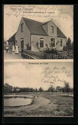 AK Lehmrade, Kolonialwarenhandlung F. Lehmitz, am Teich