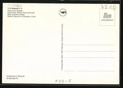 AK Rottweil a. N., Rottweiler Fasnet, Bajässle, Kinder-Fransenkleidle, Gschell und Biss, Narren im Paradies-Erker