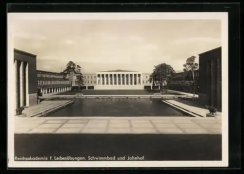 AK Berlin-Charlottenburg, Reichsakademie f. Leibesübungen, Schwimmbad und Jahnhof