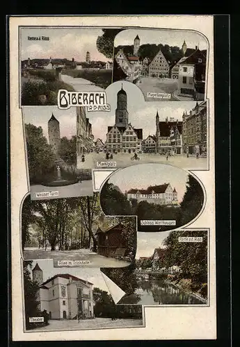 AK Biberach a. d. Riss, Marktplatz, Kapellenplatz, Weisser Turm, Theater, Allee mit Trinkhalle, Schloss Warthausen