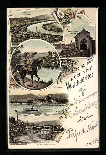 Lithographie Säckingen, Trompeter von Säckingen, Ortsansicht, Waldshut v. Haspel, Rheinfelder Brücke