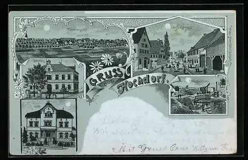 Mondschein-Lithographie Hochdorf, Schulhaus, Sandsteinbruch, Lindenstrasse