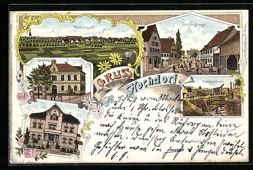 Lithographie Hochdorf, Schulhaus, Sandsteinbruch, Lindenstrasse