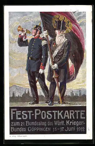Künstler-AK Göppingen, Fest-Postkarte zum 21. Bundestag des Württ. Krieger-Bundes 1912, Soldat mit Trompete