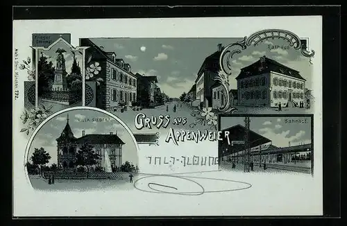 Mondschein-Lithographie Appenweier, Villa Siebert, Rathaus, Bahnhof