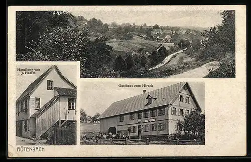AK Rötenbach, Ortsansicht mit Landstrasse, Handlung J. Hamm, Gasthaus zum Hirsch