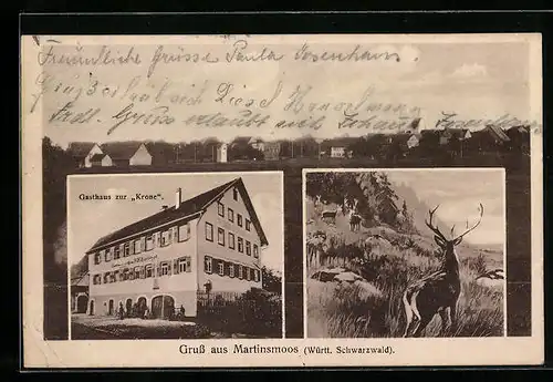 AK Martinsmoos /Württ., Panorama des Ortes, Gasthaus zur Krone, Hirsche