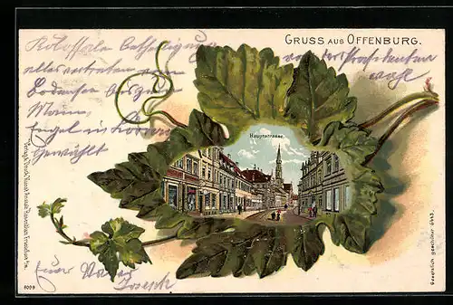 Passepartout-Lithographie Offenburg, Hauptstrasse mit Kirche im Weinblatt