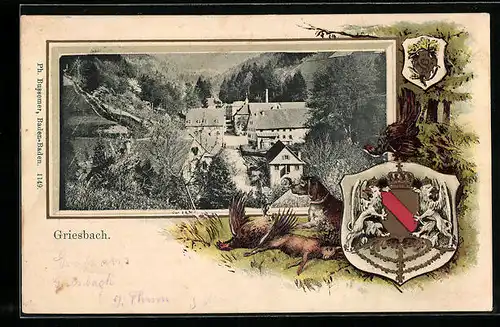 Passepartout-Lithographie Griesbach, Ortspartie mit Strasse, Jagdhund mit Wild und Auerhahn, Wappen