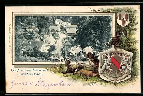 Passepartout-Lithographie Bad Griesbach, Teilansicht mit Strasse, Jagdhund mit Wild, Wappen