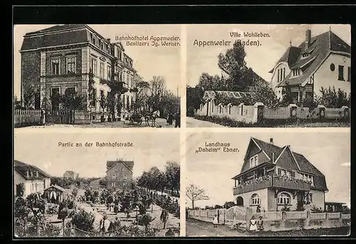 AK Appenweier /Baden, Bahnhofhotel Ig. Werner, Bahnhofstrasse, Villa Wohlleben und Landhaus Daheim Ebner