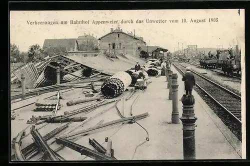 AK Appenweier, Verheerungen am Bahnhof durch das Unwetter vom 10. August 1905