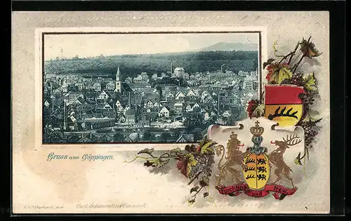 Passepartout-Lithographie Göppingen, Teilansicht aus der Vogelschau, Wappen, Weintrauben