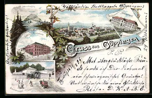 Lithographie Göppingen, Gesamtansicht, Krankenhaus, Sauerbrunnen