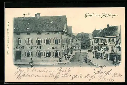 AK Göppingen, Bahnhofstrasse mit Gasthaus E. Stahl / Post und Bahnhof-Restauration E. Greiner aus der Vogelschau