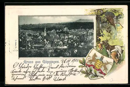 Passepartout-Lithographie Göppingen, Teilansicht, Hund mit apportiertem Wild, Wappen