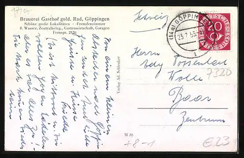 AK Göppingen, Brauerei Gasthof Goldenes Rad mit Strasse