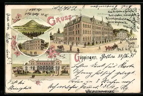 Lithographie Göppingen, Neues Schulhaus mit Umgebung, Bahnhof, Latein Realschule
