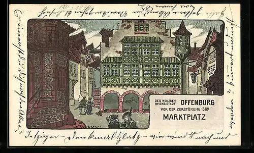 Künstler-AK Offenburg, Marktplatz vor der Zerstörung 1689, rückseitig Wappen