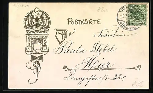 Künstler-AK Offenburg, Marktplatz vor der Zerstörung 1689, rückseitig Wappen