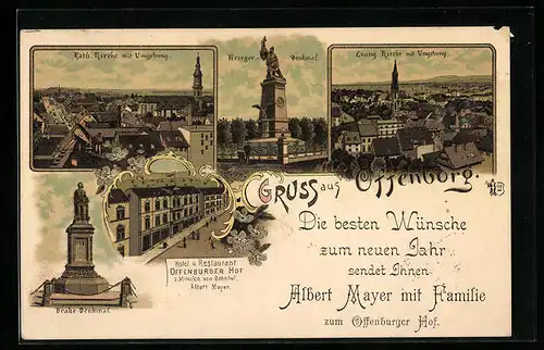 Lithographie Offenburg, Kriegerdenkmal, Teilansichten mit Kirchen, Hotel u. Restaurant Offenburger Hof Albert Mayer