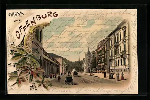 Lithographie Offenburg, Bahnhof und Hauptstrasse