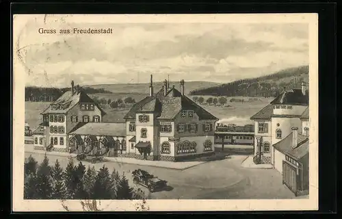 Künstler-AK Freudenstadt, Bahnhof mit Bahnhofsrestaurant