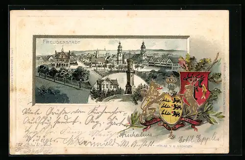 Passepartout-Lithographie Freudenstadt, Blick über Ort, Friedrichshöhe, Wappen