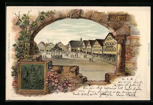 Passepartout-Lithographie Freudenstadt, Marktplatzpartie mit Wappen