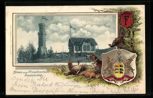 Passepartout-Lithographie Freudenstadt, Restaurant Friedrichshöhe, Jagdhund mit Beute
