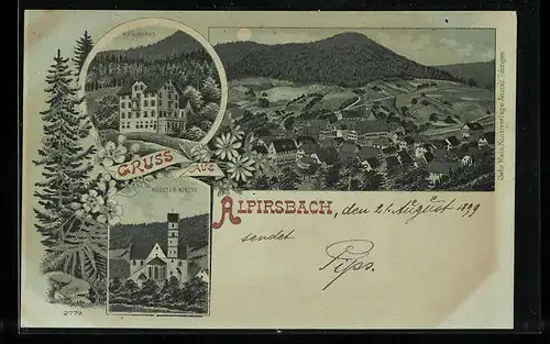 Mondschein-Lithographie Alpirsbach, Krähenbad, Kloster Kirche