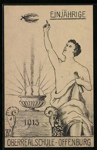 Künstler-AK Offenburg, Oberrealschule, Einjährige, 1913, Absolvia