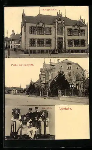 AK Altenheim, Schulgebäude, Partie der Hauptstrasse, Trachten