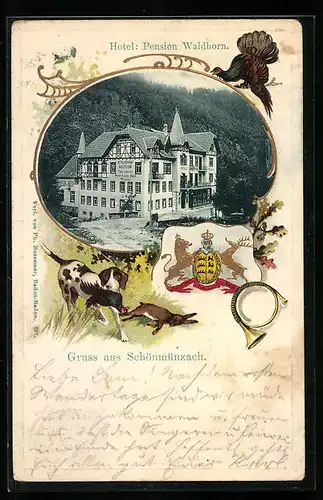 Passepartout-Lithographie Schönmünzach, Hotel Pension Waldhorn, Wappen