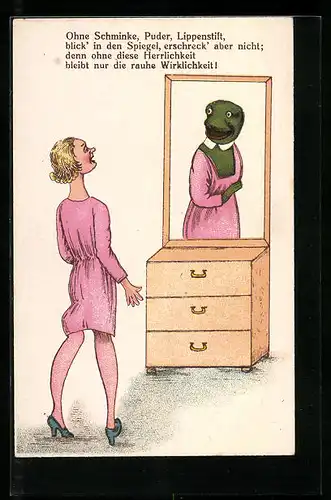 Künstler-AK Ohne Schminke, Puder, Lippenstift, blick` in den Spiegel, ..., vermenschlichte Tiere, Frosch