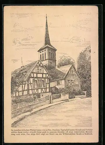 Künstler-AK Frankfurt-Seckbach, Kirche Wilhelmshöher Strasse